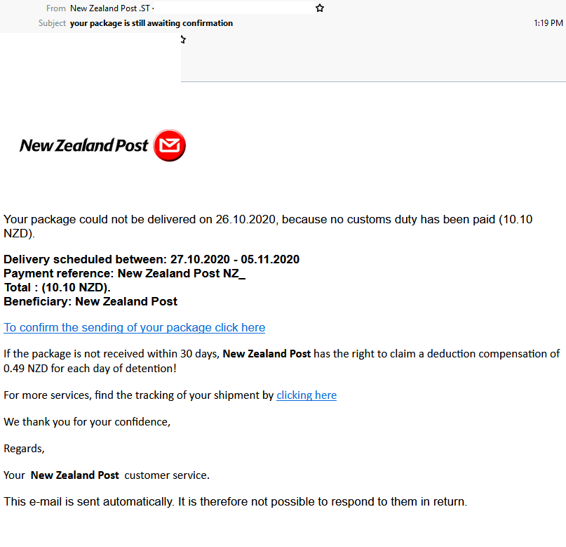 Another package delivery scam Phishing email impersonating New Zealand
